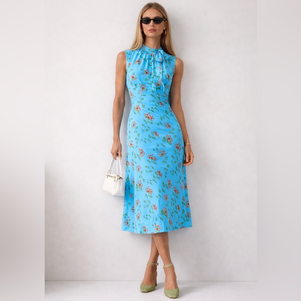 LK Bennett Vali Blue Valerian Floral Print Tie Neck Silk Midi Dress Size 6